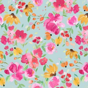 Spring floral watercolor - Smells like spring - Light Blue Medium - Bold painterly fabric