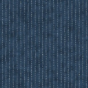 Handdrawn Pinstripe in Slate | Dashed pinstripe fabric for shirt dress, jacket, apparel in dark blue and white, kantha, sashiko stitches on deep royal.