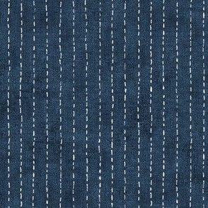 Handdrawn Pinstripe in Slate (large scale) | Dashed pinstripe fabric for shirt dress, jacket, apparel in dark blue and white, kantha, sashiko stitches on deep royal.