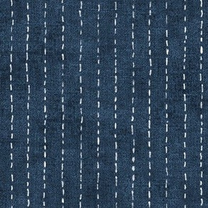 Handdrawn Pinstripe in Slate (xl scale) | Dashed pinstripe fabric for shirt dress, jacket, apparel in dark blue and white, kantha, sashiko stitches on deep royal.