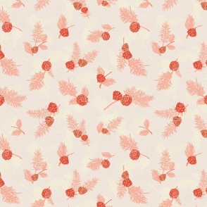 Pine Branches with cones in Cream Pink red peach
