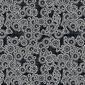 Boho Ikat Flowers Batik Block Print in Graphite Black and Natural White (Medium Scale)