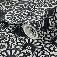 Boho Ikat Flowers Batik Block Print in Graphite Black and Natural White (Large Scale)