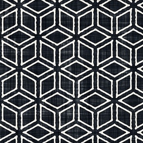 Geometric Isometric Cubes Batik Block Print in Graphite Black and Natural White (Medium Scale)