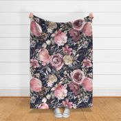 Dark floral Peony rose bouquet Romantic watercolor floral Navy Jumbo Large