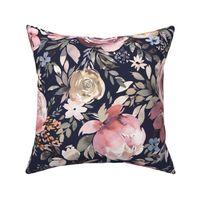 Moody floral - Peony rose bouquet floral - Elegant romantic watercolor floral - Pink blush Navy - Medium
