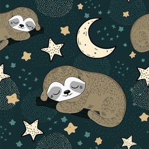 Cute Sleeping Sloths for Bedroom, Vector Seamless Pattern