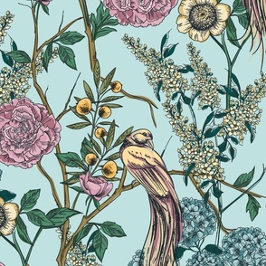 Victorian Golden Pheasant Garden on Light Blue - Large Scale