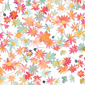 Daisies Ditsy floral Daisies floral watercolor Orange Red Jumbo Large