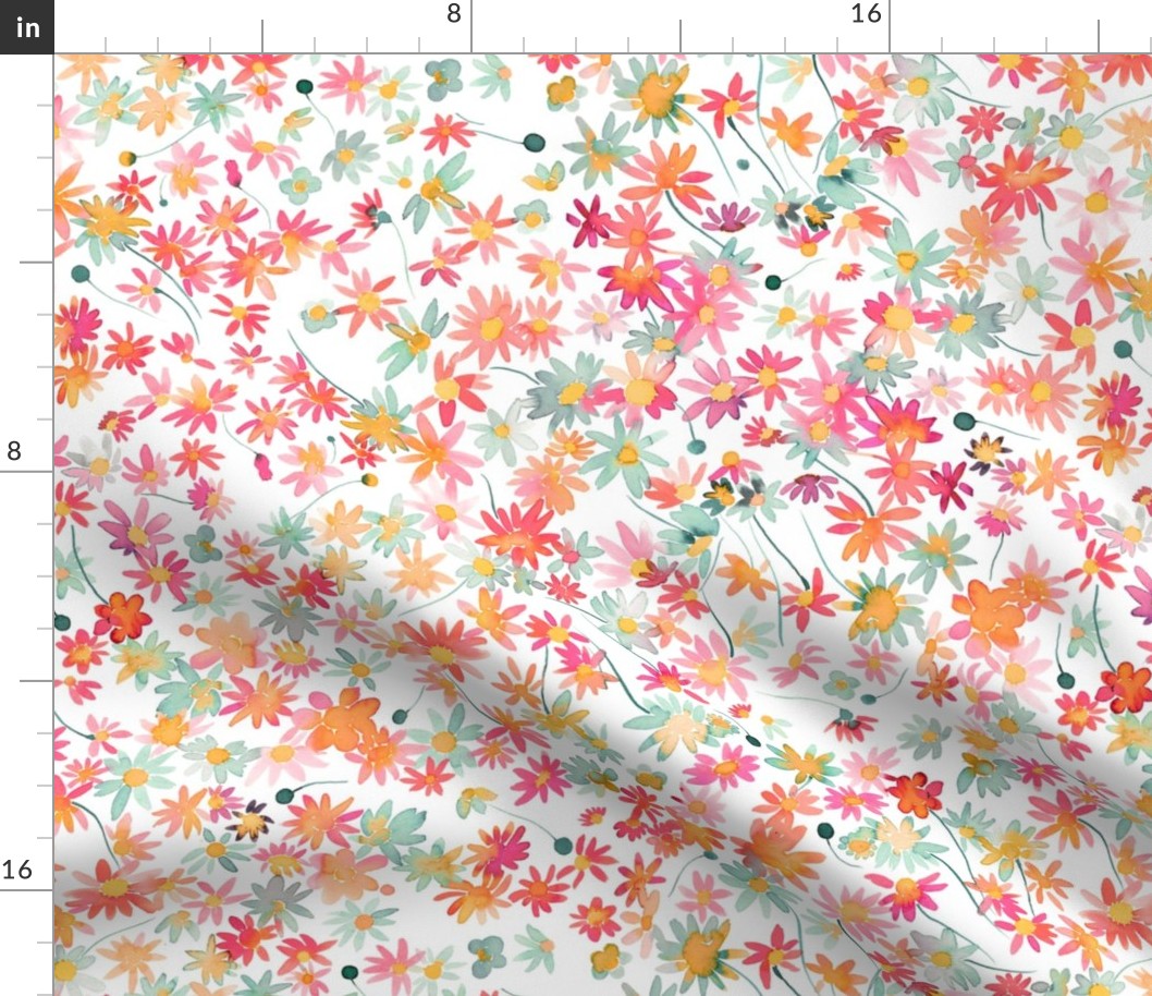 Daisies Ditsy floral Daisies floral watercolor Orange Red Medium