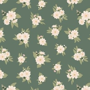 Daisy Mae Creme Flowers on Green - Small Scale