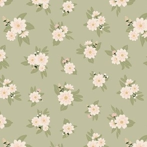 Daisy Mae Creme Flowers on Light Green_Small Scale