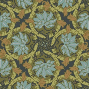Elegant victorian tile inspired allover pattern in greens and teal