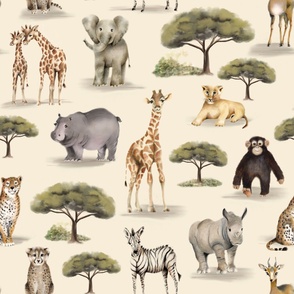 Safari Animals and Trees for Baby Kids Nursery Parchment