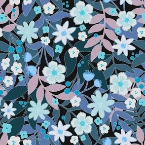 Bold Florals - Blue, Leaves, Flowers, Garden, Nature, Moonlit 