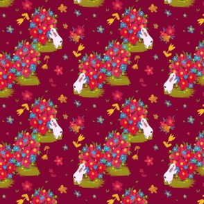 flowers and bunnies on burgundy by rysunki_malunki