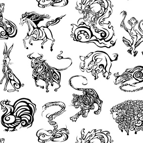The Chinese Lunar Astrology Signs - Black on White