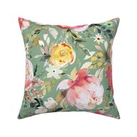 Spring romantic floral watercolor - Peony rose bouquet - Mom floral - Green - Medium - Bold Painterly Fabric