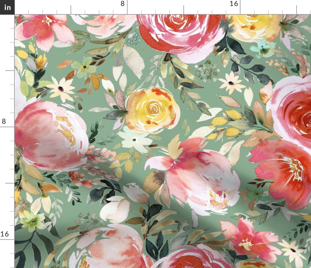 Spring romantic floral watercolor - Peony rose bouquet - Mom floral - Green - Medium - Bold Painterly Fabric