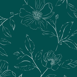 Bohemian floral Line drawing Blue Peacock Green