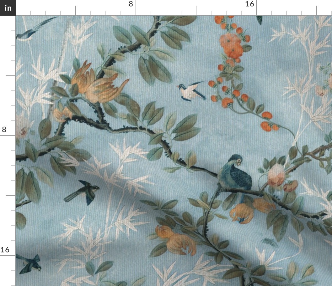 CHATEAU CHINOISERIE ON ROBIN'S EGG BLUE WITH WOVEN TEXTURE