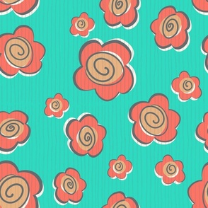 Funky Retro Red floral on aqua background- oversized