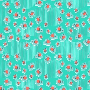 Funky Abstract Retro Red Floral on aqua background