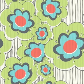 Funky Retro  Green Floral on striped background-oversized