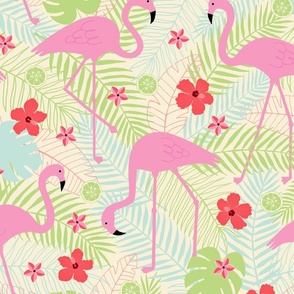 Pink and Green: Flamingos and red Hibiscus flowers