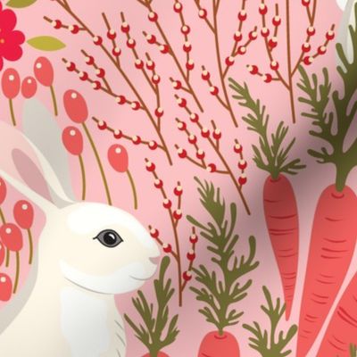 Large // Rabbits at play Easter fabric on pink