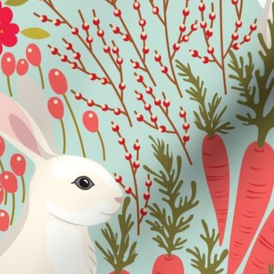 Large // Rabbits at play Easter fabric on mint