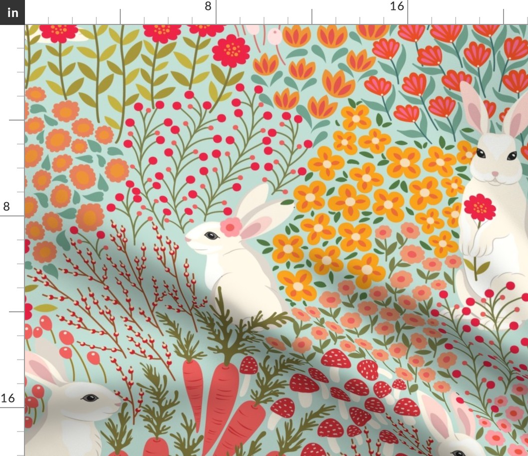 Large // Rabbits at play Easter fabric on mint