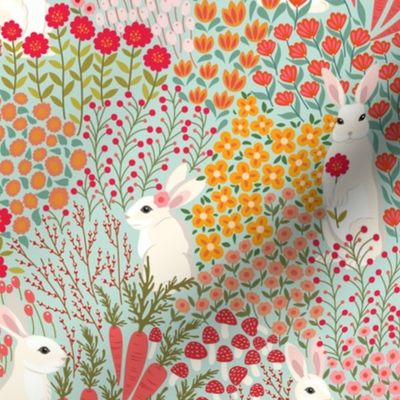 small // Rabbits at play Easter fabric on mint