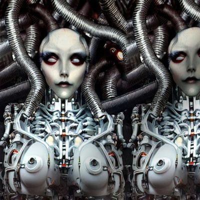 16 biomechanical bioorganic half naked bald nude female white grey woman cyborg robot android tentacles monsters cables wires cybernetics machine demons breast aliens sci-fi  science fiction futuristic flesh Halloween body horror scary horrifying morbid m