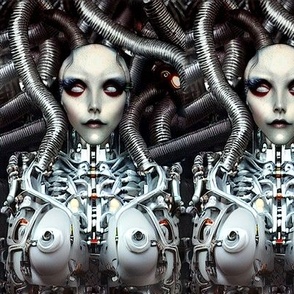 16 biomechanical bioorganic half naked bald nude female white grey woman cyborg robot android tentacles monsters cables wires cybernetics machine demons breast aliens sci-fi  science fiction futuristic flesh Halloween body horror scary horrifying morbid m