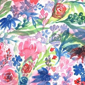 Watercolor hidden garden with rose and blueberries Large scale