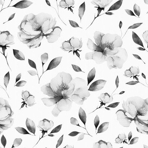 Grey flowers with leaves. Boho black and white flowers. Kids floral nursery. 