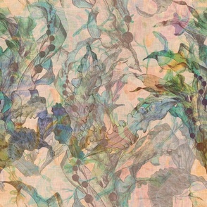 Green, emerald and aqua blue sea kelp forest on a cream marbled background with a vintage linen texture