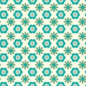 Retro Teal and Green Floral on Cream Horizontal Rows Non Directional