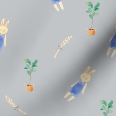 Bunnies and wheat or rabbits and potted tree
