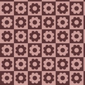 Summer blossom checker - flowers and retro seventies checkerboard colorful vintage plaid design moody rose chocolate brown