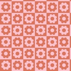Summer blossom checker - flowers and retro seventies checkerboard colorful vintage plaid design pink blush burnt orange