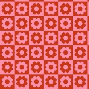 Summer blossom checker - flowers and retro seventies checkerboard colorful vintage plaid design red pink