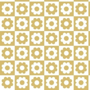 Summer blossom checker - flowers and retro seventies checkerboard colorful vintage plaid design ginger yellow white