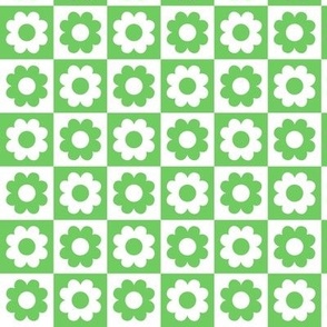Summer blossom checker - flowers and retro seventies checkerboard colorful vintage plaid design apple green white