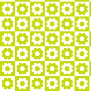Summer blossom checker - flowers and retro seventies checkerboard colorful vintage plaid design lime green white