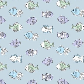 Aquarium summer - puffer fish tropical island ocean life freehand illustrated kids design pastel blue lilac mint
