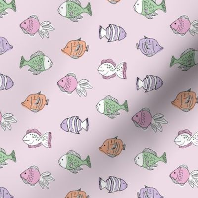 Aquarium summer - puffer fish tropical island ocean life freehand illustrated kids design pastel lilac pink orange green