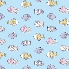 Aquarium summer - puffer fish tropical island ocean life freehand illustrated kids design pastel yellow pink lilac on blue