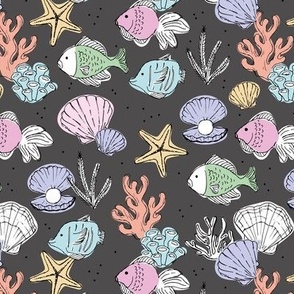 Cute nineties retro ocean with coral and fish - ocean life tropical sea shells and stars pink lilac blue mint on charcoal gray